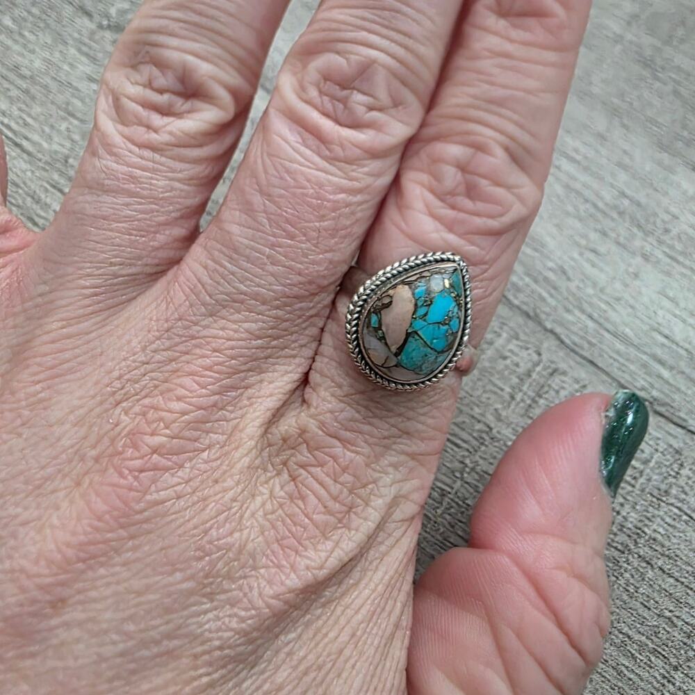 ​Vintage Sterling Silver 925 Southwestern Pear Turquoise Copper Matrix Ring 9